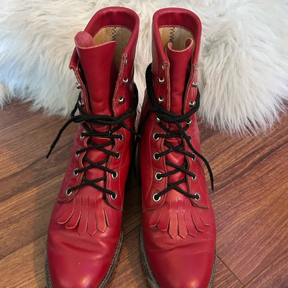 Justin Boots Shoes - Vintage Justin Roper Cherry Red Leather Lace Up Boots